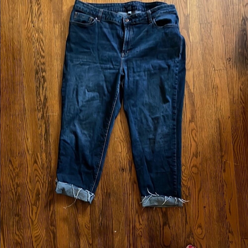 Seven7 Blue Straight Leg Pants with Distressed Hem